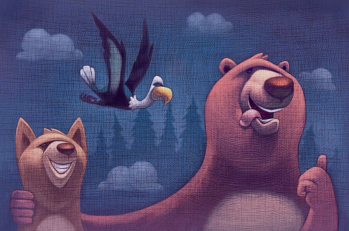 digital painting / raster illustration of cheerful bear gesturing thumbs up with wolf and eagle