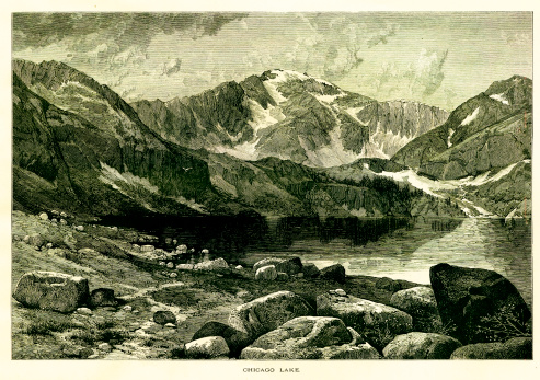 Chicago Lake at the foot of Mount Evans, a mountain in the Front Range of the Rocky Mountains, Colorado, USA. Published in Picturesque America or the Land We Live In (D. Appleton & Co., New York, 1872).