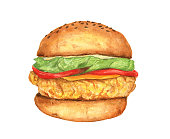 istock Chicken burger watercolor illustration. Fresh and delicious food. 1317844500