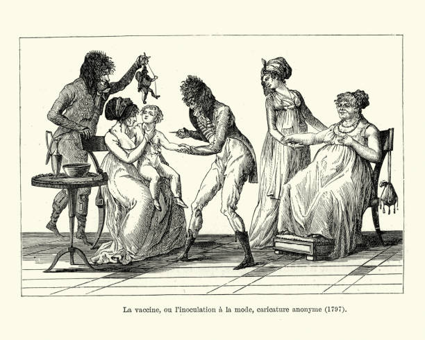ilustrações de stock, clip art, desenhos animados e ícones de child being given a vaccine by a doctor, late 18th century - varíola