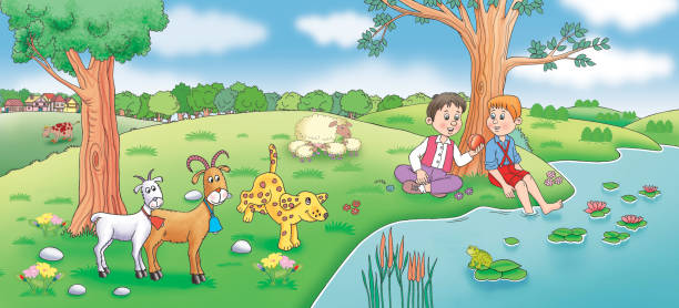illustrazioni stock, clip art, cartoni animati e icone di tendenza di bambini e animali da fattoria sul prato - illustrazione jpg - ranocchia