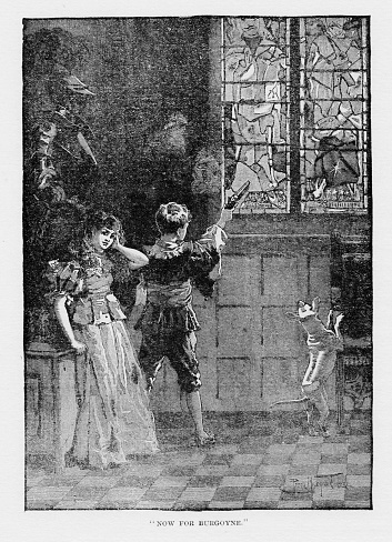 Boy pretends to be Burgoyne in front of a stained glass window in Westminster Abby, England.  His sister and dog are also there. Illustration published 1899. Source: Original edition is from my own archives. Copyright has expired and is in Public Domain.