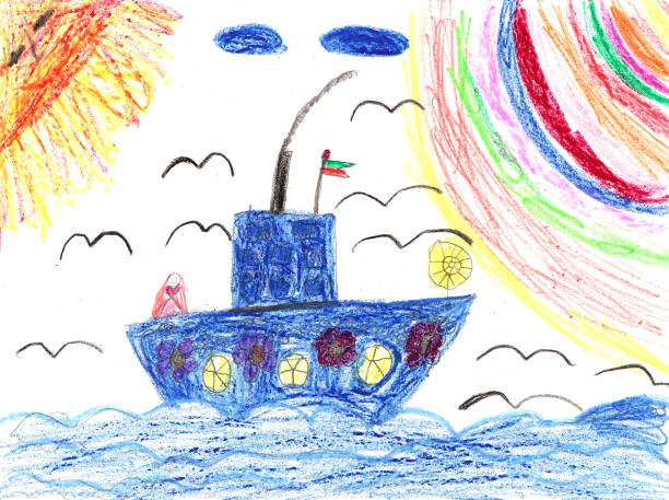 Childrens artwork ship in sea Childrens painting ship in sea child drawings stock illustrations