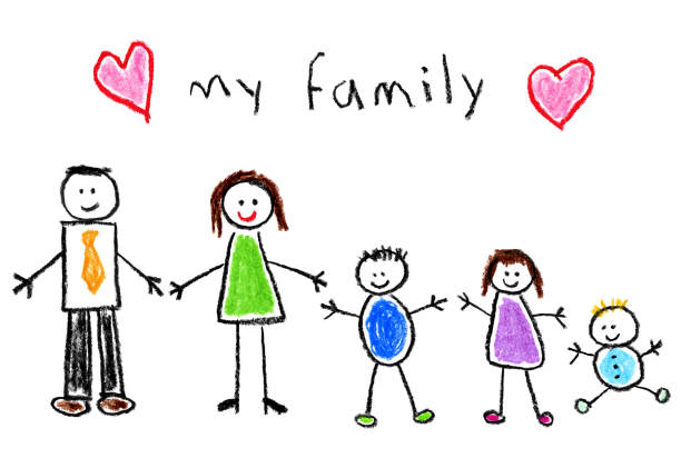 Children’s Style Drawing - Family Happy family children's style drawing on white background - boy, girl, baby and two parents family drawings stock illustrations