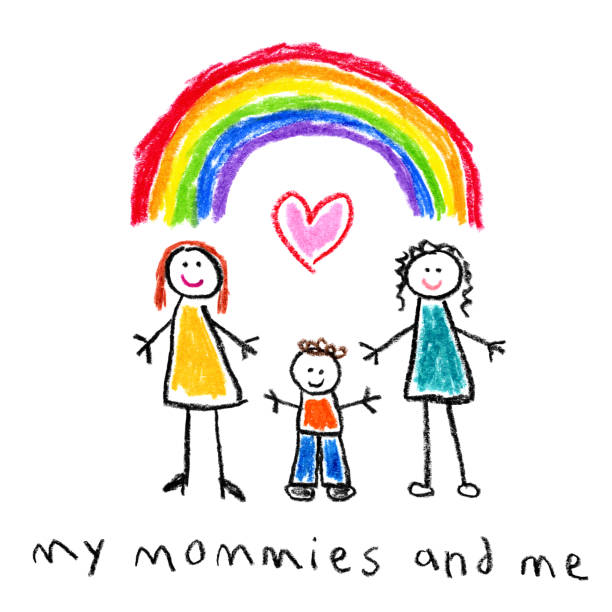 Children’s Style Drawing - Mothers and Son Gay Family Happy gay family children's style drawing on white background - Little boy with her two mothers under a rainbow family drawings stock illustrations
