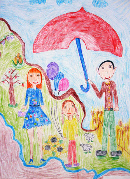 stockillustraties, clipart, cartoons en iconen met kind tekening een gelukkige familie - rain woman sun
