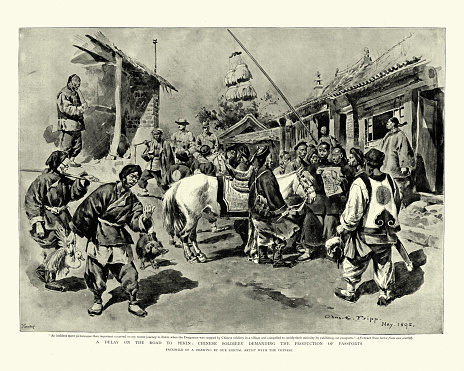 Vintage illustration of Chinese soldiers checking foreigners passports on the road to Pekin (Beijing), 1895. 19th Century