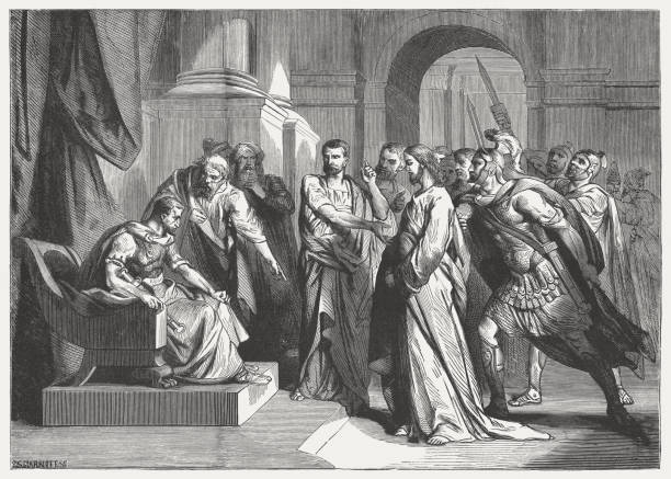 Christ before Pilate (Mark 15), wood engraving, published in 1886  good friday stock illustrations