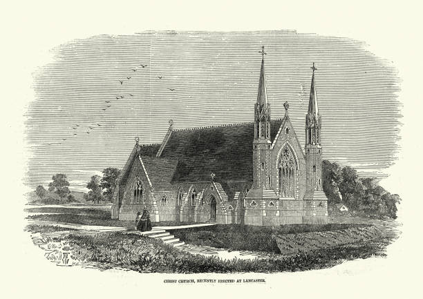 Christ Church, Lancaster, Victorian church architecture, 1850s, 19th Century Vintage illustration of Christ Church, Lancaster, Victorian church architecture, 1850s, 19th Century. Christ Church was built between 1855 and 1857 to a design by the London architect Henry Martin. It was built as a chapel for Lancaster Grammar School and the local workhouse. lancaster lancashire stock illustrations