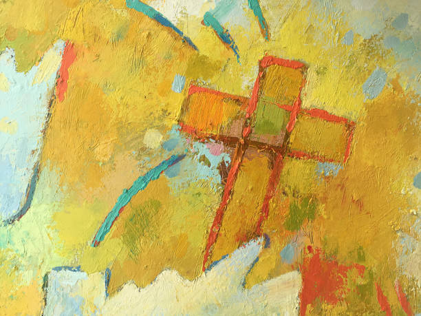 Christian concept in handmade style on the canvas. Illustration of Christology. ellow painting background with Christian cross symbol. Abstract Catholic background. Light texture for Bible theme. gospel stock illustrations