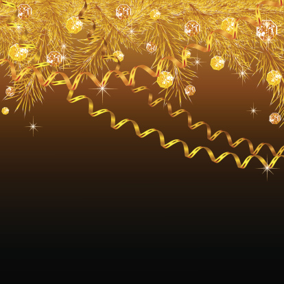 Christmas background with golden fur-tree, jewels and streamer