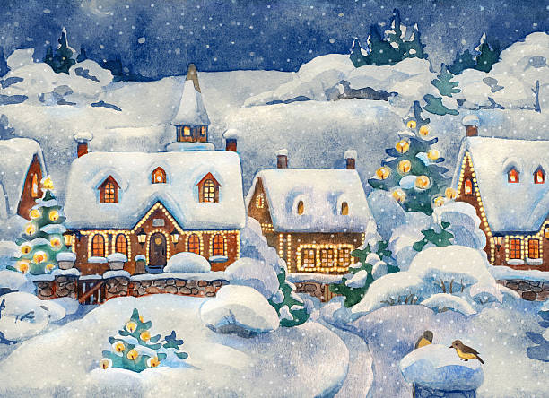 A Christmas card that shows a winter village Watercolor landscape. christmas lights house stock illustrations