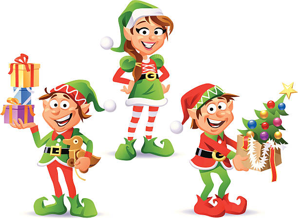 Christmas Elves Vector Illustration of three happy Christmas Elves isolated on White. Fully editable and labeld in layers. elf stock illustrations