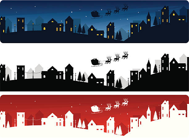 Christmas Eve Banners Santa's sleigh and little town banners. christmas silhouettes stock illustrations