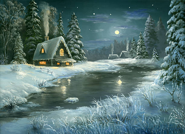 christmas fairy tale night - 原木小屋 插圖 幅插畫檔、美工圖案、卡通及圖標