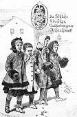 istock Christmas mood, four singing girls walking on the street, warmly dressed, German christmas song 1403806570