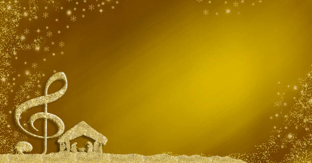Christmas musical card. Treble clef and Nativity Scene gold  glitter texture freehand drawing  on gold  background Christmas musical card. Treble clef and Nativity Scene gold  glitter texture freehand drawing  on gold  background with copy space. Panoramic image. christmas music background stock illustrations