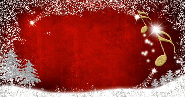 Christmas musical card with copy space.Panoramic image. Christmas musical card. Musical notes and fir trees silver and gold glitter texture on red background with copy space.Panoramic image. christmas music background stock illustrations