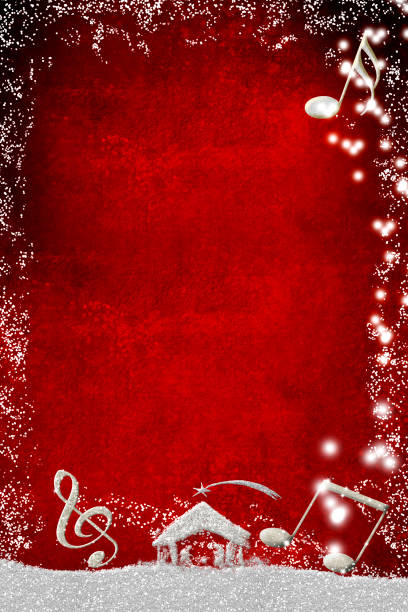 Christmas musical card.Musical notes and Nativity scene silver glitter texture Christmas musical card.Musical notes and Nativity scene silver glitter texture on red background with copy space.Vertical image. christmas music background stock illustrations
