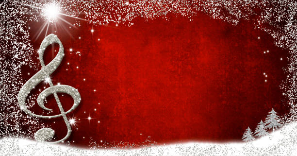Christmas musical card.Treble clef  and fir trees silver glitter texture Christmas musical card.Treble clef  and fir trees silver glitter texture on red background with copy space.Panoramic image. christmas music background stock illustrations
