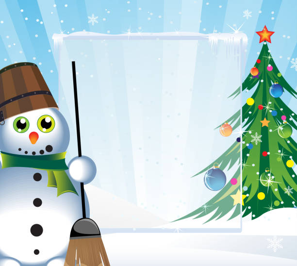 14 Snowman With Hat Scarf And Broom On Winter Landscape Background Illustrations Clip Art Istock