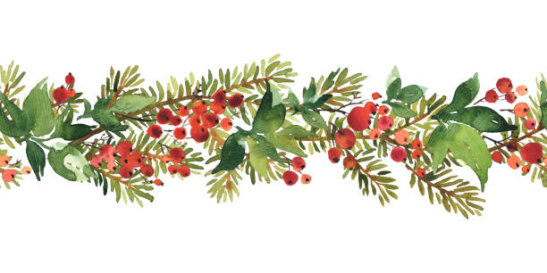 Christmas watercolor horizontal seamless pattern with holly berries, spruce branches and green leaves Christmas watercolor horizontal seamless pattern with holly berries, spruce branches and green leaves lush foliage stock illustrations