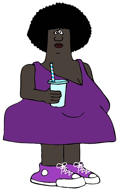 chubby женщина, держа напиток чашка - curley cup stock illustrations