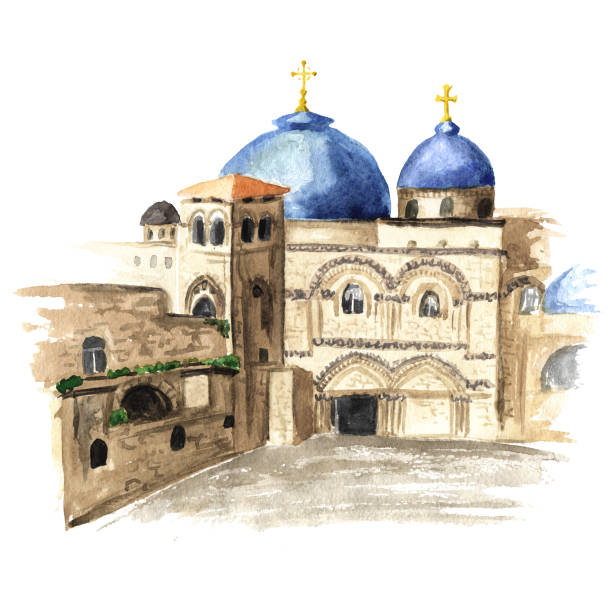 이스라엘 예루살렘에 있는 성묘 교회. 흰색 배경에 고립 된 손으로 그린 수채화 그림 - jerusalem stock illustrations