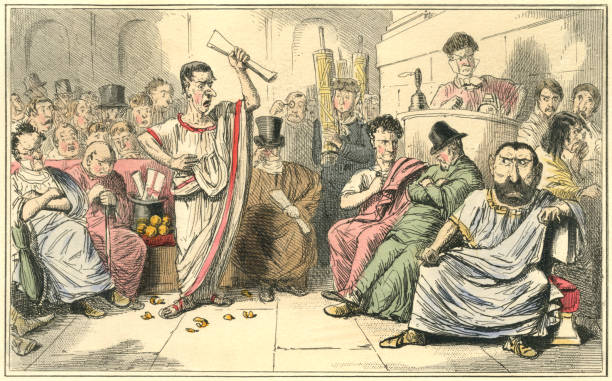 Cicero denouncing Catiline Roman consul Marcus Tullius Cicero denouncing Lucius Catiline, who plotted to overthrow him. From “The Comic History of Rome” by Gilbert Abbott à Beckett and illustrated by John Leech. Published by Bradbury and Evans, London in 1850. The illustrator has included a few Victorian touches, such as top hats and an umbrella! senate stock illustrations