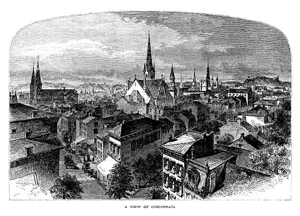 Cincinnati, Ohio | Historic American Illustrations "A view of Cincinnati, a city in the state of Ohio, USA. Illustration published in Picturesque America (D. Appleton & Co., New York, 1872). MORE VINTAGE AMERICAN ILLUSTRATIONS HERE:" cincinnati stock illustrations