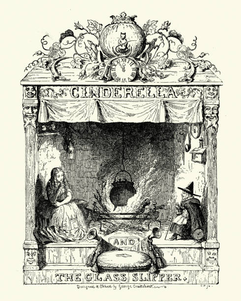 Cinderella and fairy godmother, illustrated by George Cruikshank vector art illustration