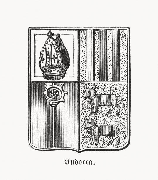 Cioat of arms of Andorra, wood engraving, published in 1893 vector art illustration