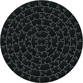 Circular complex jigsaw puzzle. Each piece in a separate shape. Editable lines in AI file (vector)