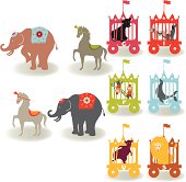 "Circus elements like elephants, horse, lion, seal, dog, bear, monkey and boys and girls"