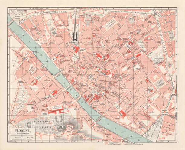 illustrazioni stock, clip art, cartoni animati e icone di tendenza di mappa della città di firenze, litografia, pubblicata nel 1897 - fiorentina