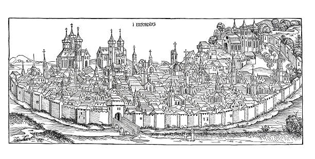 도시 에르푸르트 독일 목판화 1493 - 튀링겐 stock illustrations