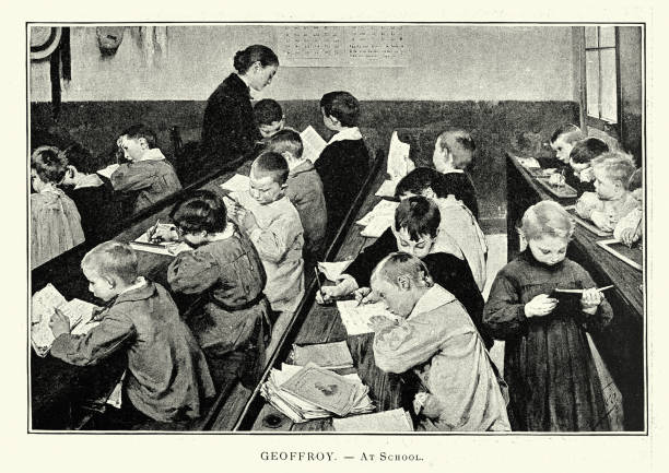 Class of school children learning, Victorian education, 19th Century vector art illustration