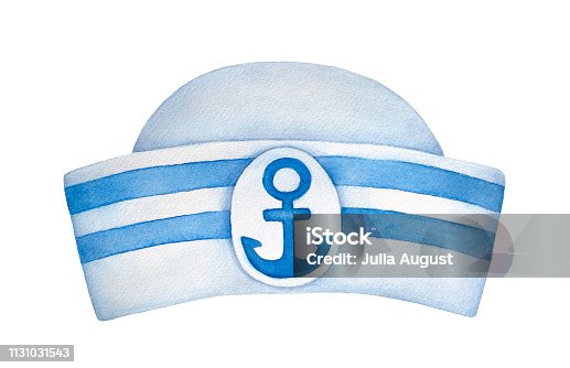 istock Classic sailor hat with blue stripes and decorative anchor emblem. One single object, front view. Hand painted water color sketchy drawing on white background, cutout clip art element for design. 1131031543