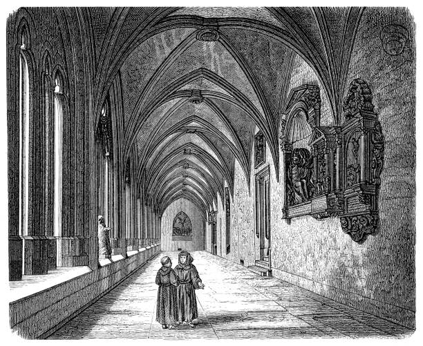 krużganek w katedrze w moguncji, niemcy - sainz stock illustrations