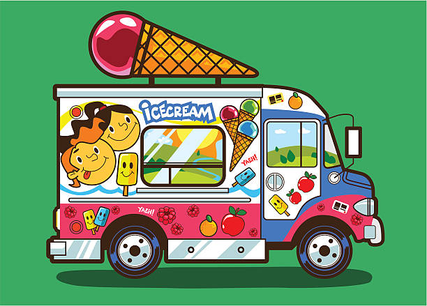 ilustraciones, imágenes clip art, dibujos animados e iconos de stock de primer plano de un furgón de los helados - ice cream truck
