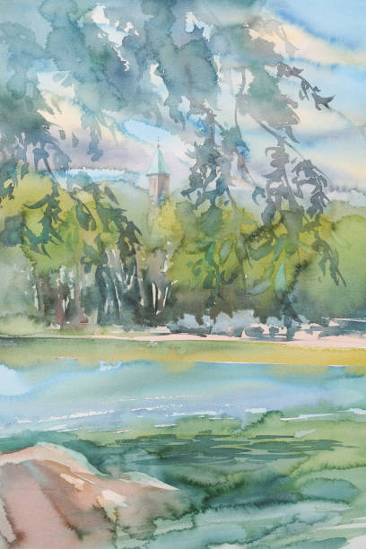 illustrazioni stock, clip art, cartoni animati e icone di tendenza di nuvole sul lago nel paesaggio acquerello di helsinki - finlandia laghi