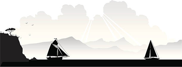 Coastal scene A silhouette of a coastal scene with two sailing boats and a mountainous backdrop. All main elements can easily be moved. storm silhouettes stock illustrations