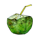 istock Coconut juice hand drawn watercolor clip art 1308464905