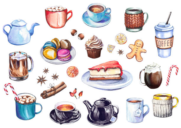 Coffee and dessert collection. Coffee and dessert collection. Set of coffee cups, kettles, cakes and colorful macaroons. Watercolor isolated on white background. breakfast clipart stock illustrations