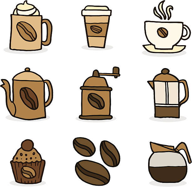 Coffee doodle icon set A set of coffee related doodle icons. coffee cake stock illustrations