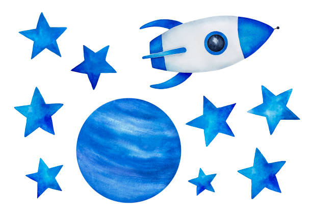 Collection of beautiful cosmic elements. Star shapes, planet illustration, rocket space ship. Stickers, print, children room decor. Hand drawn water color on white, cut out clip art. drone borders stock illustrations