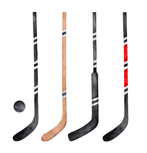 Collection of different hockey sticks, decorated with colorful stripes and sporty lines. Overhead view. Hand painted watercolour sketchy drawing on white backdrop, cutout clip art elements for design. hockey stick stock illustrations