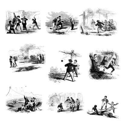 Antique engraving of a collection of outdoor game illustrations. From left to right - boys playing with tops; fortifications; boys playing with hoops; prisoner's base; boys playing fives; tag; kite flying; marbles; see-saw. Engravings published in American