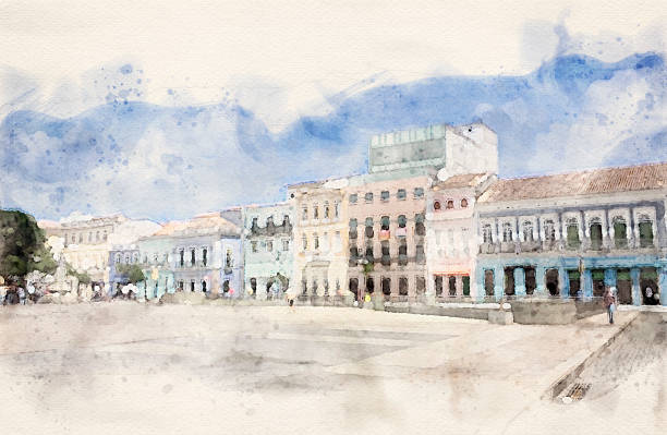 Colonial architecture style in Salvador, Brazil. Watercolor digital painting art illustration. Colonial architecture style in Salvador, Brazil. Watercolor digital painting art illustration. pelourinho stock illustrations