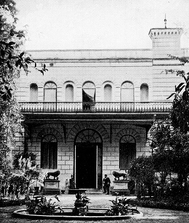 A colonial house at Mexico City in Mexico State, Mexico. Vintage halftone etching circa 19th century.